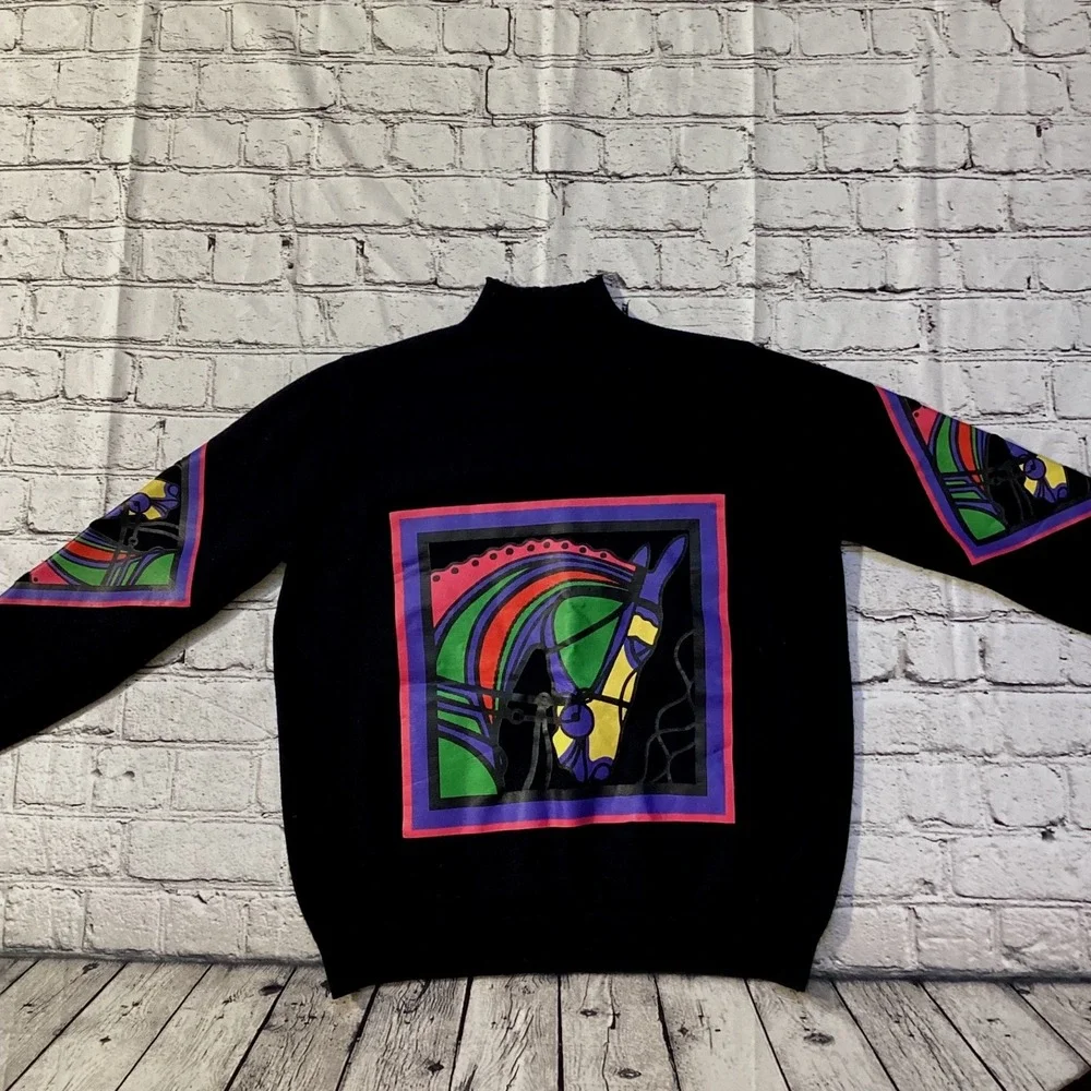 Hardy Amies Vintage Abstract Horse Graphic Mock Neck Sweater Black Multi Color - Picture 1 of 4